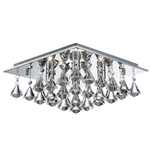 Hanna - 4Lt Square Flush Ceiling, Chrome, Clear Crystal Pyramid Drops