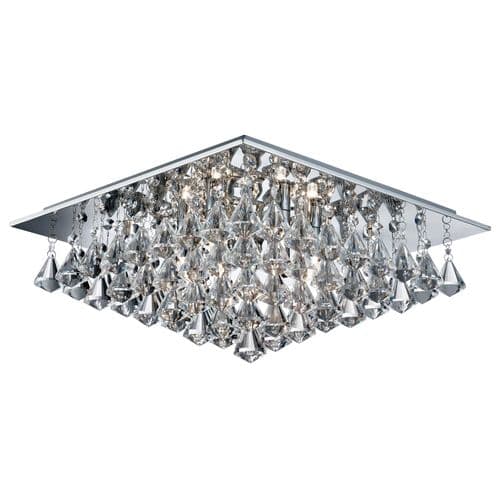 Hanna - 6Lt Square Flush Ceiling, Chrome, Clear Crystal Pyramid Drops