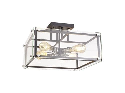 Hoopla Semi Flush, 4 Light E27, Matt Black / Chrome / Clear Glass