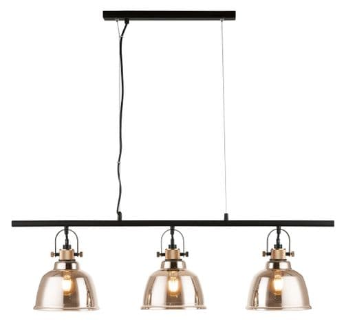 Impex Lighting Ava 3 Light Industrial Bar Pendant with Gold Glass with Black Cord JNQPG1810/03/LIN/G