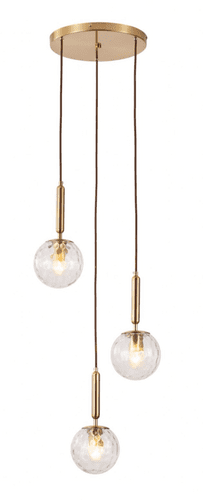 Lnox 3 Light Multi Drop Pendant in Brushed Brass, Clear Glass Balls