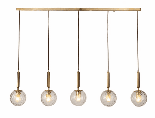 Lnox 5 Light Multi Drop Bar Pendant in Brushed Brass, Clear Glass Balls