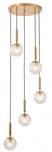 Lnox 5 Light Multi Drop Round Pendant in Brushed Brass, Clear Glass Balls