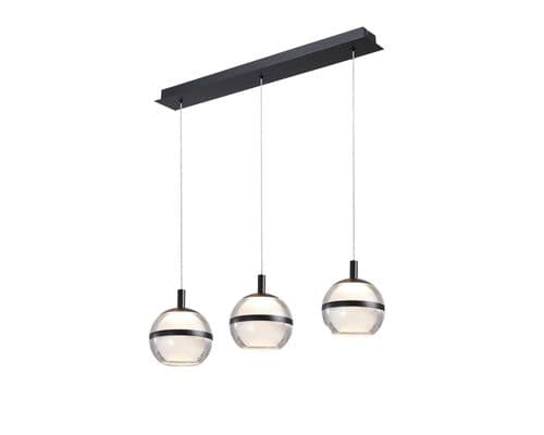 Fquator 3 Light LED Multi Drop Bar Pendant in Matt Black with Clear & Opal Glass with Black Band