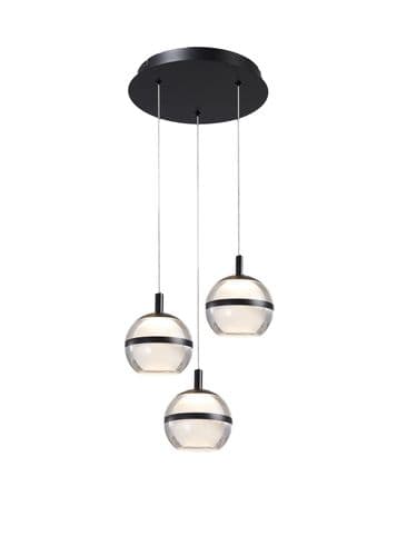 Fquator 3 Light LED Multi Drop Round Pendant in Matt Black with Clear & Opal Glass with Black Band