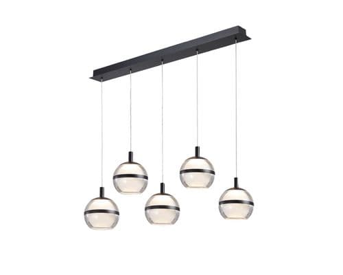 Fquator 5 Light LED Multi Drop Bar Pendant in Matt Black with Clear & Opal Glass with Black Band