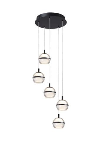 Fquator 5 Light LED Multi Drop Round Pendant in Matt Black with Clear & Opal Glass with Black Band