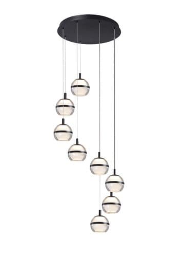 Fquator 8 Light LED Multi Drop Round Pendant in Matt Black with Clear & Opal Glass with Black Band
