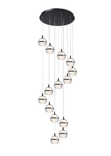 Fquator 14 Light LED Multi Drop Pendant in Matt Black with Clear & Opal Glass with Black Band