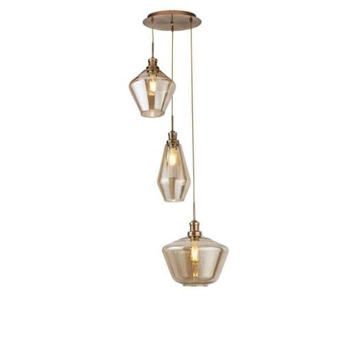 Mia 3Lt Multi-Drop Pendant -  Antique Brass Metal,Amber Glass TFB5423-3AB