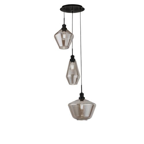 Mia 3Lt Multi-Drop Pendant  - Black Metal & Smoked Glass