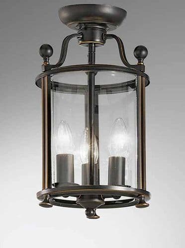 Pasillo 3 Light Semi Flush Lantern in Antique Bronze with Rounded Glass GSBLA7001/3
