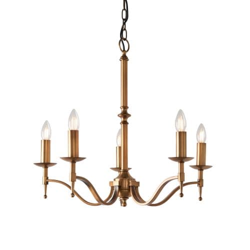 Stanford antique brass 5 light pendant with beautifully curved arms and simple clean detailing