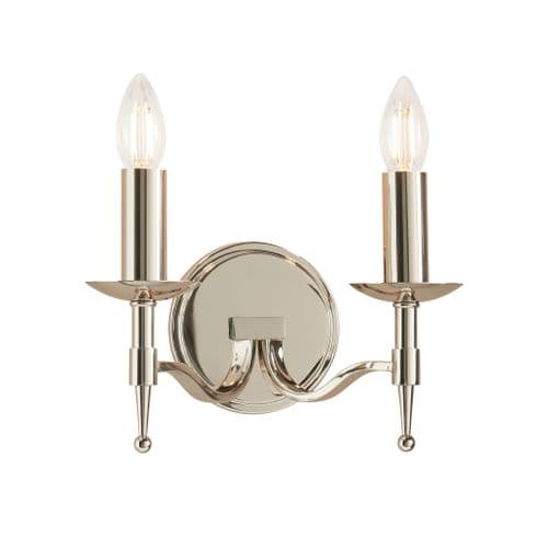 Stanford nickel twin wall light with beautifully curved arms and simple clean detailing.
