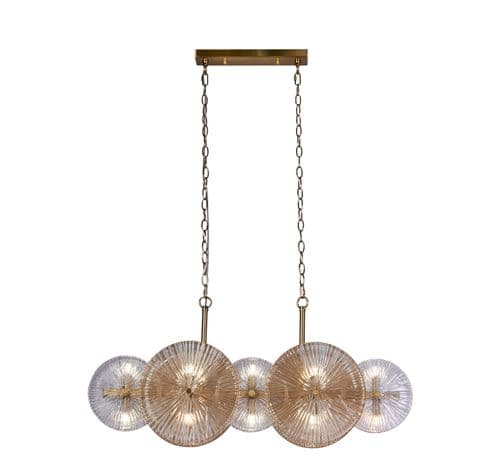 Wagon Wheel 10Lt Bar Pendant -Bronze Metal,Clear/Amber Glass