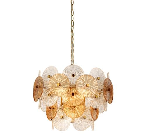 Wagon Wheel 5Lt Pendant - Bronze Metal & Clear & Amber Glass