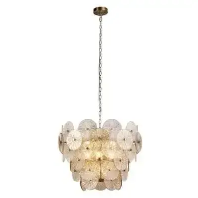 Wagon Wheel 9 Light Pendant Bronze Metal, Clear & Amber Glass