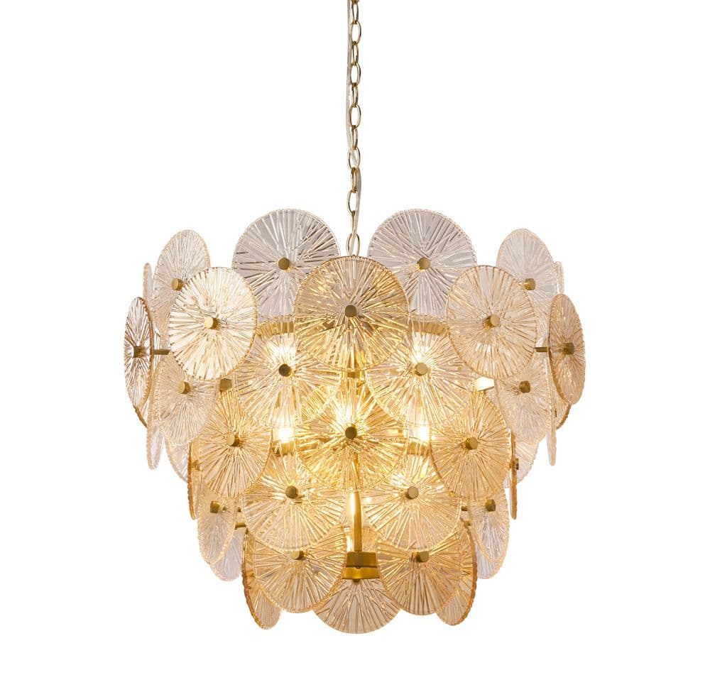 Wagon Wheel 9Lt Pendant - Bronze Metal, Clear & Amber Glass