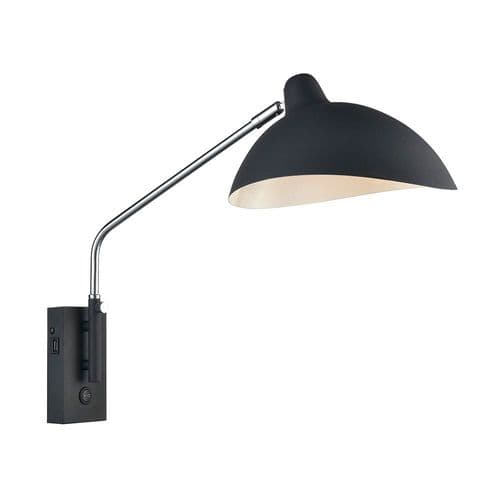 1 Light Black And Chrome Large Moveable Wall Light With Switch And USB Port On Backplate GSBWB146