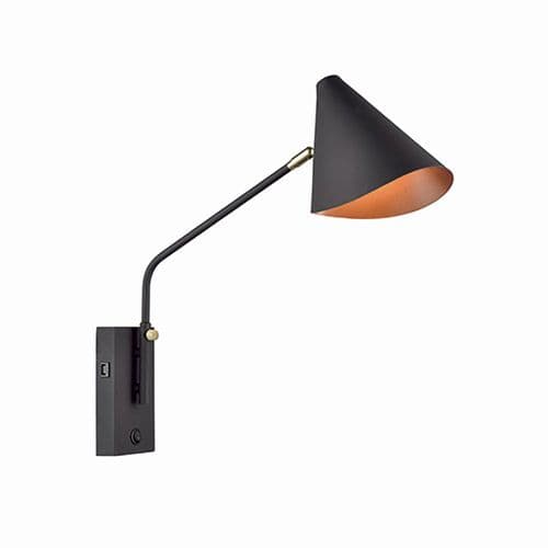 1 Light Swing Arm Wall Light With USB Black With A Rch Gold Interior GSBWB147