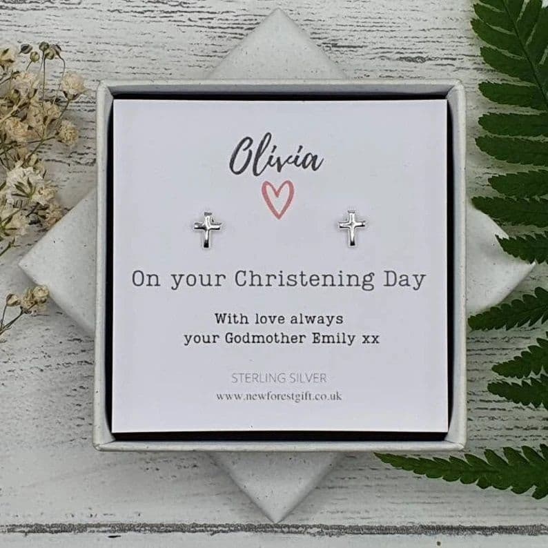 Christening Day Sterling Silver Cross Earrings Personalised Baptism Gift