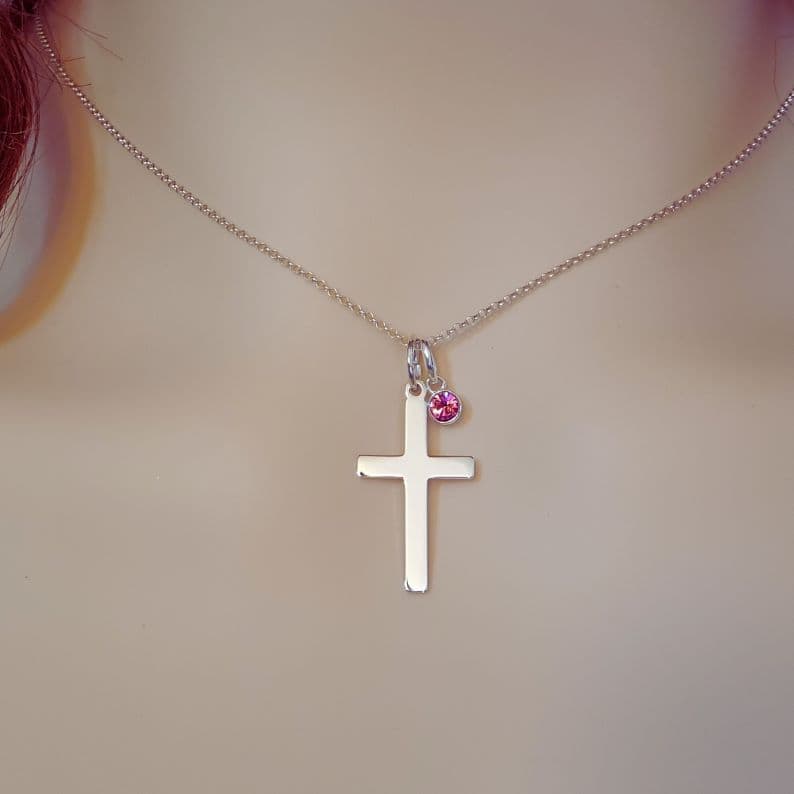 Cross Birthstone Necklace 925 Sterling Silver Jewellery Gift