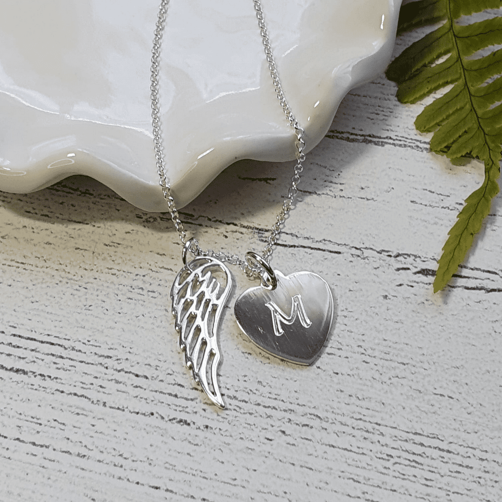 Personalised Angel Wing Heart Necklace Sterling Silver with Engraved Initial