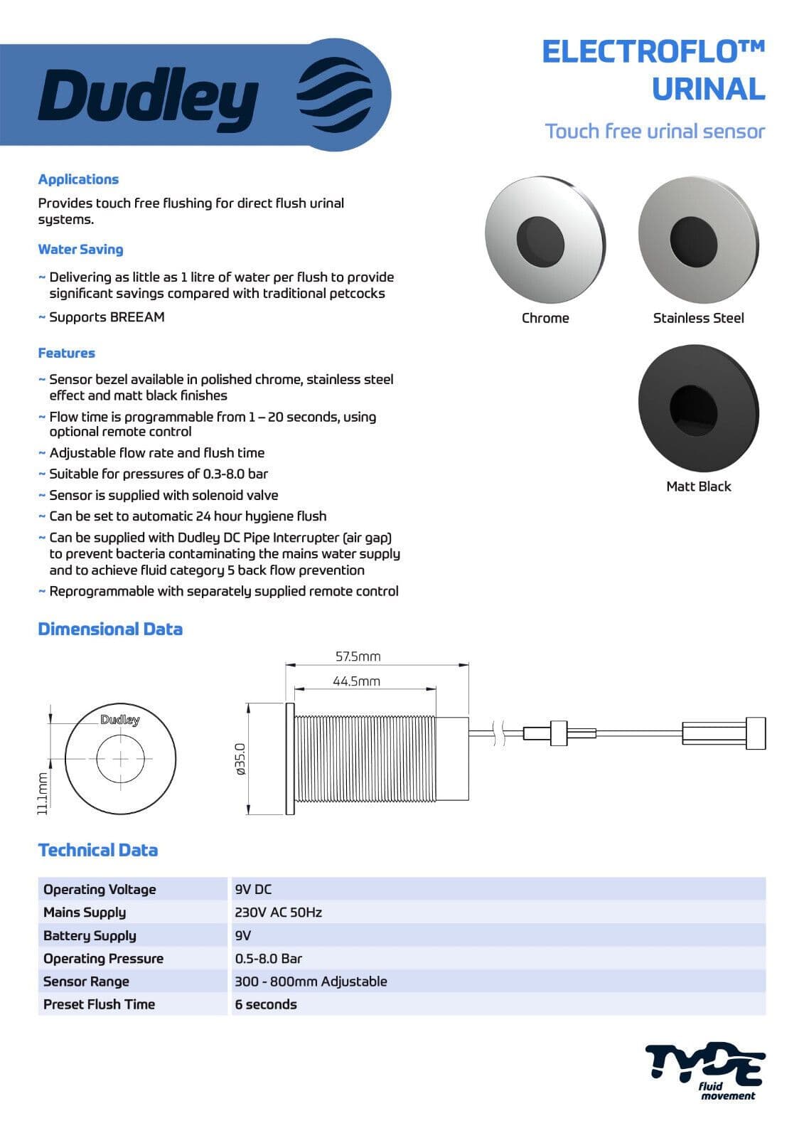 Dudley Electroflo touch free urinal sensor kit in chrome Mains powered