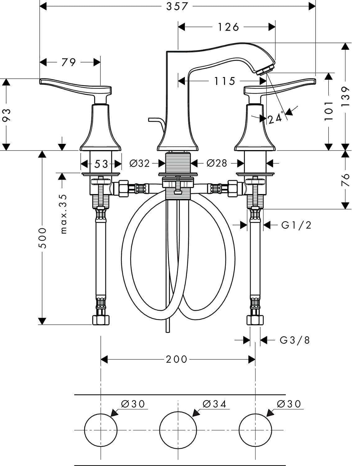Hansgrohe 31073000 Metris Classic 3hole basin mixer tap popup waste chrome