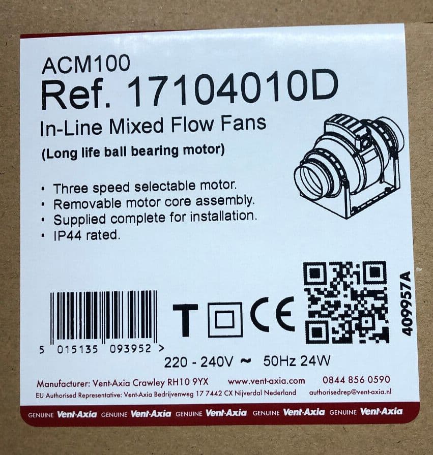 VentAxia ACM100 axial inline mixed flow extractor fan 100mm / 4