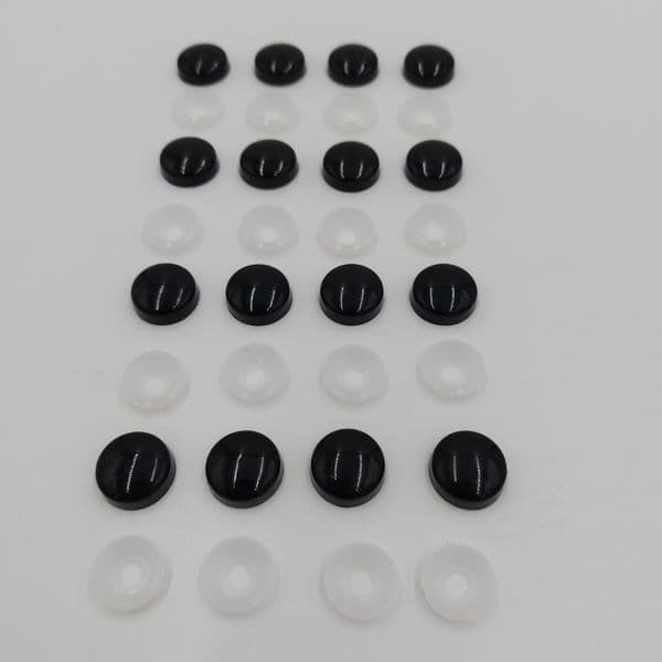 UNIVERSAL MUD FLAP FIXINGS *9* BLACK GLOSS SNAP-CAPS & COUNTERSUNK WASHERS (32 pcs)