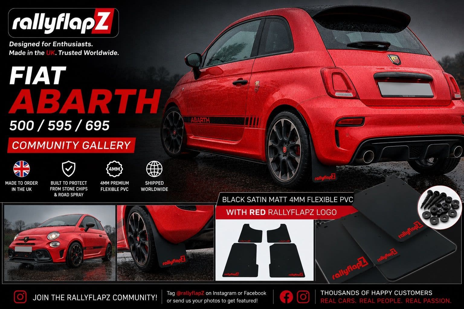 RallyflapZ Mud Flaps Guards fitted to Fiat Abarth 500, 695, 595 Models in Black Satin-Matt with Red Logo