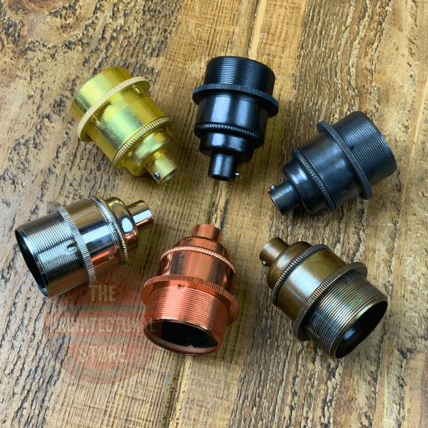 10mm E27 Bulb Holders + 1 Shade Ring Brass, Antique Brass, Copper, Old English, Bronze, Nickel