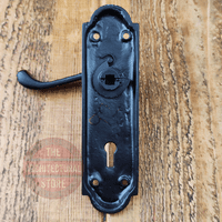 Antique Black Scroll Handle  Sprung Door Lever On Keyed Backplate