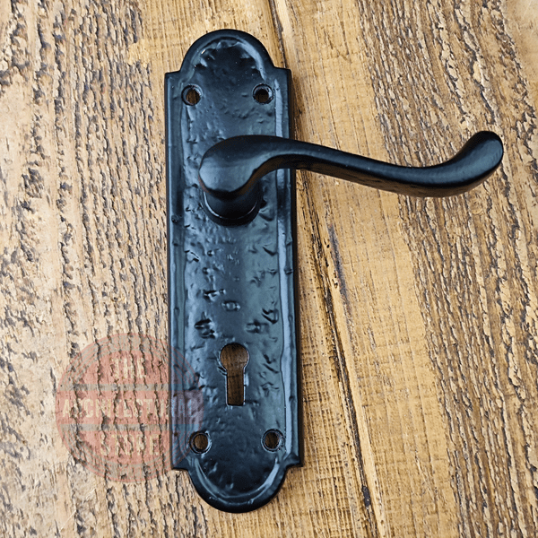 Antique Black Scroll Handle  Sprung Door Lever On Keyed Backplate