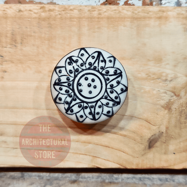 Black & White Floral Ceramic Cupboard Knob