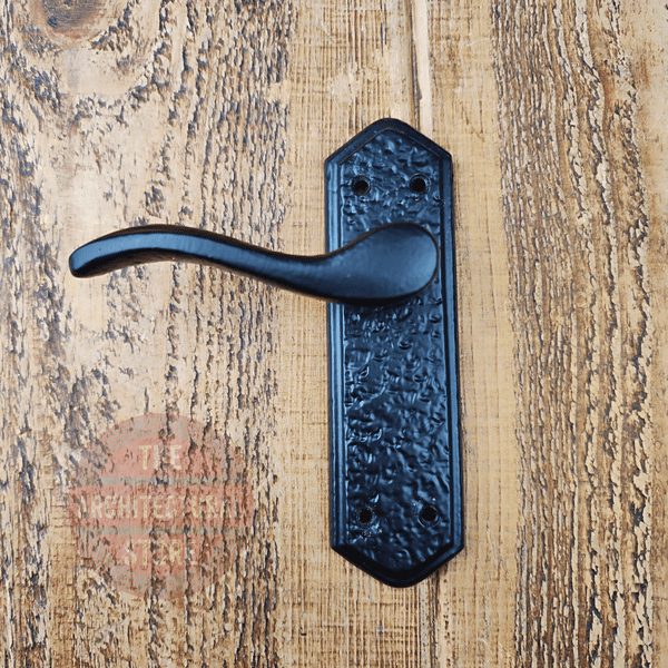 Classic Sprung Lever Door Handle On Antique Black Decorative Backplate