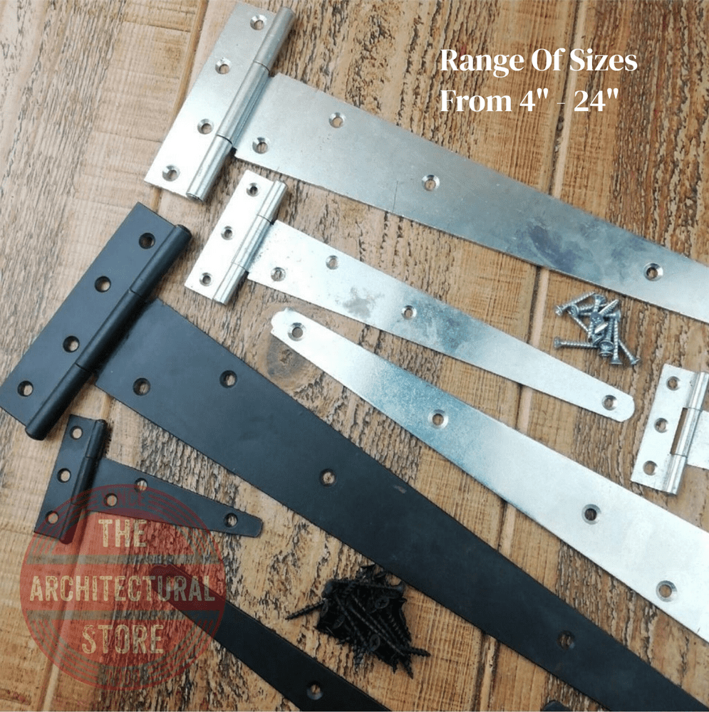 Heavy Duty Tee Hinges Black Or Zinc Plated 4" 100mm up to 24" 600mm