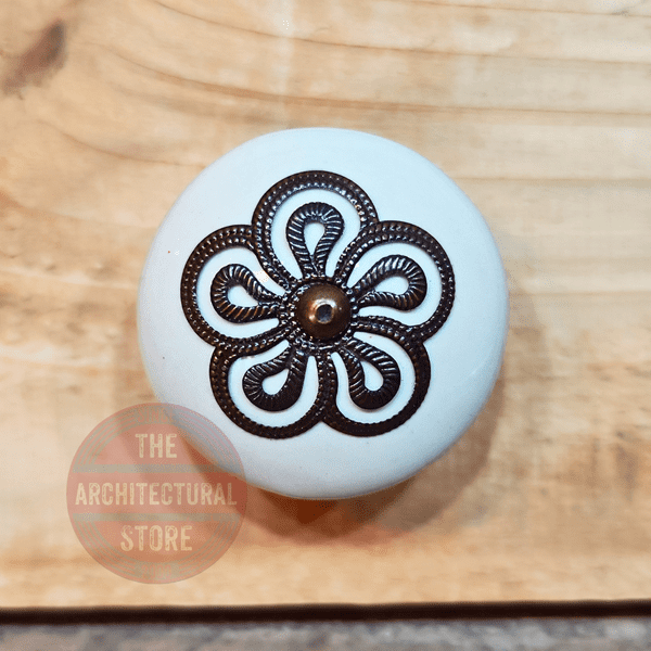 Large Ceramic Cupboard Knob / Drawer Pull With Bronze Floral Design & Backplate
