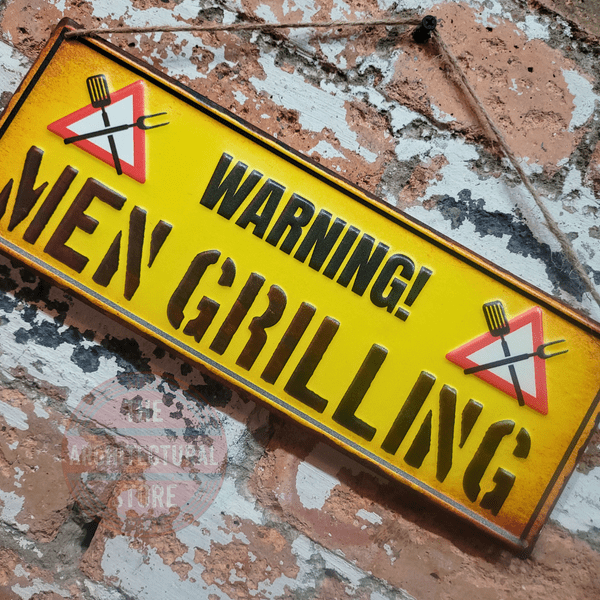 WARNING! Men Grilling Metal Sign