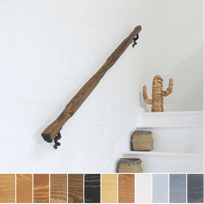 Handrail / Bannister Rail - Timber: 5cm x 5cm - Solid Wood & Iron Brackets - Design: Irregular -