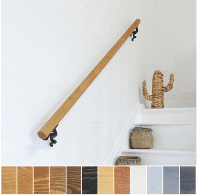 Handrail / Bannister Rail - Timber: Circular 5cm - Solid Wood & Iron Brackets - Design: Smooth