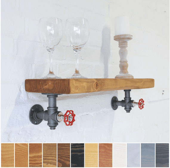 Wood Shelf & Industrial Brackets - Timber 20cm x 5cm - Main Image: Dark Pine  - Irregular Design