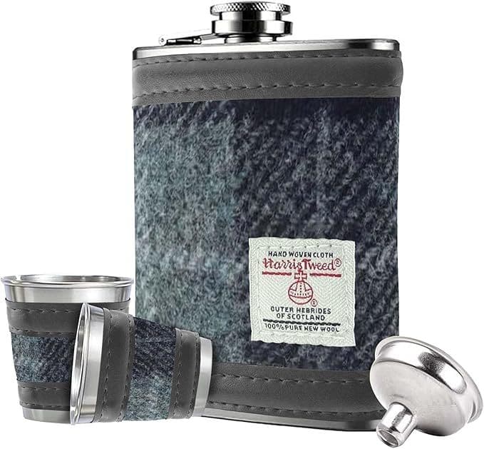 6oz Harris Tweed Hip Flask Gift Set in Gift Box in Grey & Black Check