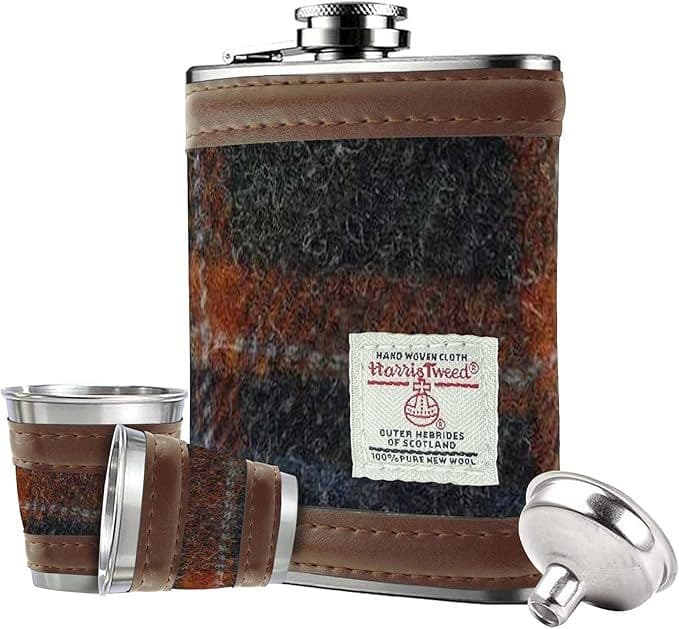 6oz Harris Tweed Hip Flask Gift Set in Gift Box in Grey with Rust Overcheck Tartan