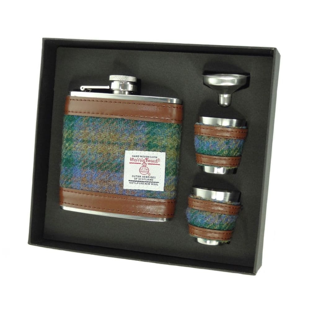 6oz Harris Tweed Hip Flask Gift Set in Gift Box in Isle of Skye Tartan