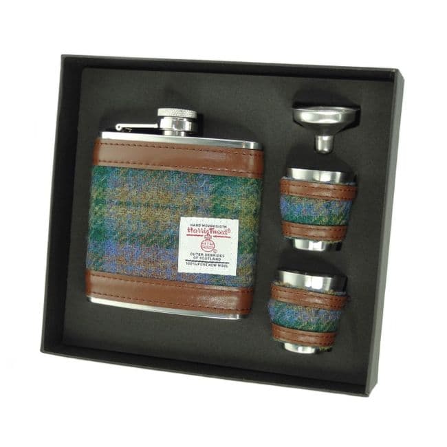 6oz Harris Tweed Hip Flask Gift Set in Gift Box in Isle of Skye Tartan