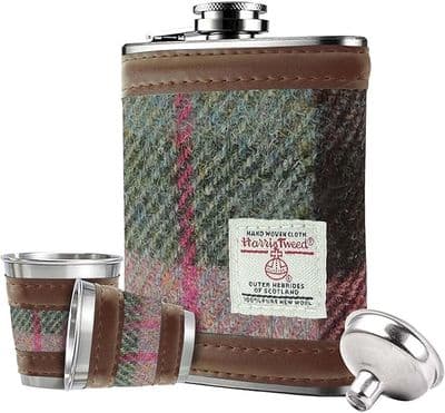 6oz Harris Tweed Hip Flask Gift Set in Gift Box in  Muted Green & Rose Pink Tartan