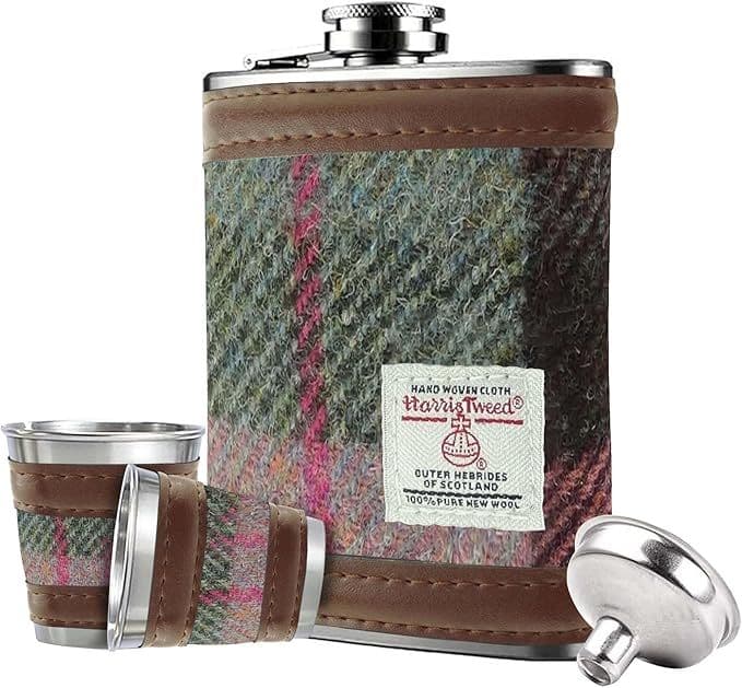 6oz Harris Tweed Hip Flask Gift Set in Gift Box in Muted Green & Rose Pink Tartan