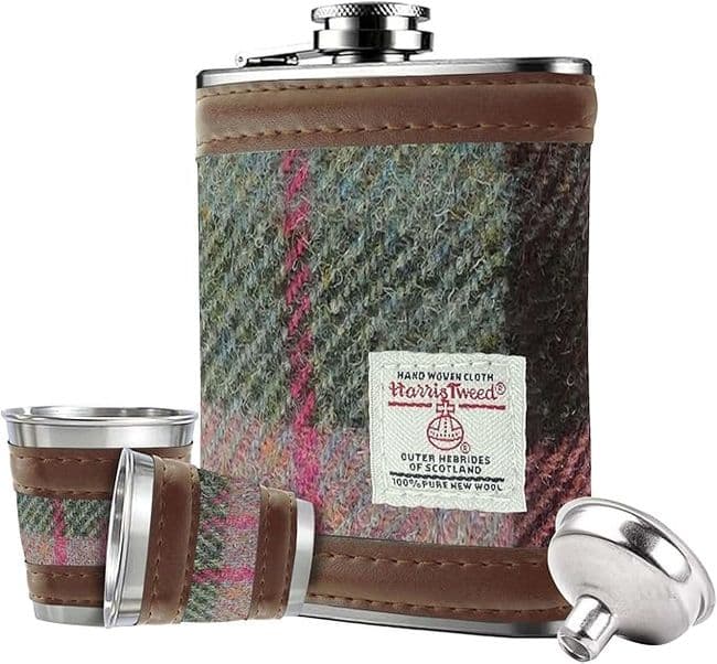 6oz Harris Tweed Hip Flask Gift Set in Gift Box in Muted Green & Rose Pink Tartan